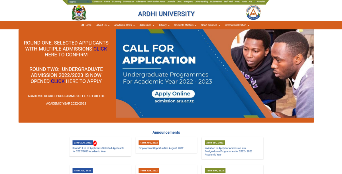 Majina ya Wanafunzi waliochaguliwa kujiunga chuo cha Ardhi Ardhi University ARU PDF 2022/2023