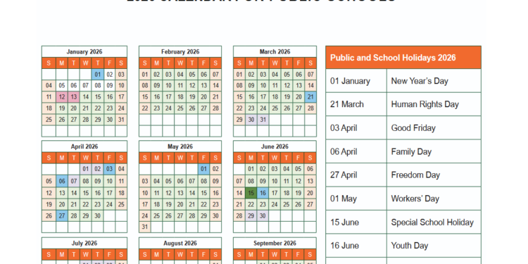 2026 South African School Calendar Including Holidays