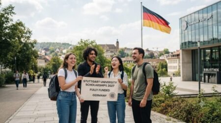  Create image for Stuttgart University Scholarships 2027 in Germany (Fully Funded),image must contain Real enviroment, image pixel weight 1200 and Height 675.image must Contain Germany Flag