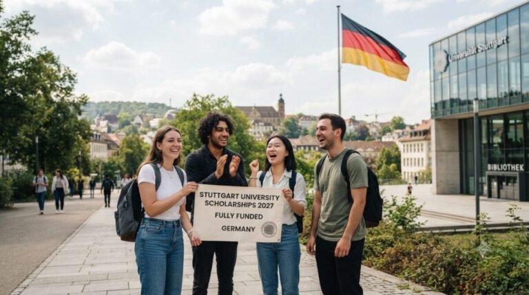  Create image for Stuttgart University Scholarships 2027 in Germany (Fully Funded),image must contain Real enviroment, image pixel weight 1200 and Height 675.image must Contain Germany Flag