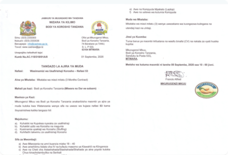 53 Job Vacancies Tanzania Cashew Board Cashew-Transportation Supervisors  2026