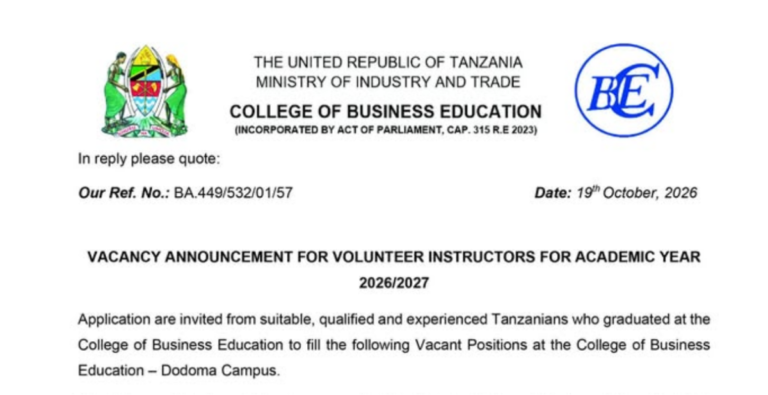 College of Business Education (CBE) Announces Volunteer Instructor Vacancies for 2026/2027